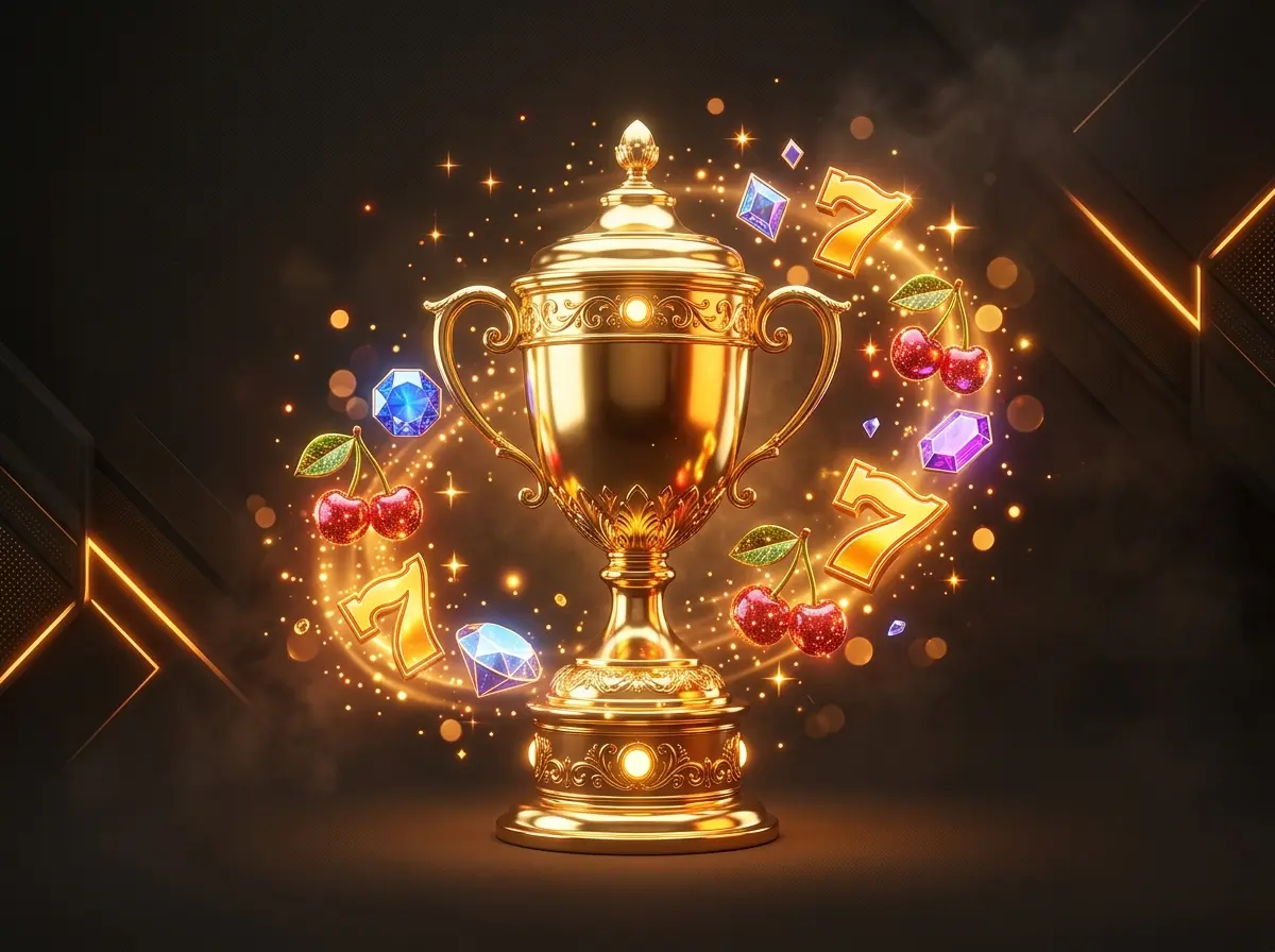 Golden trophy with slot symbols for Kirabet free spins and tournaments