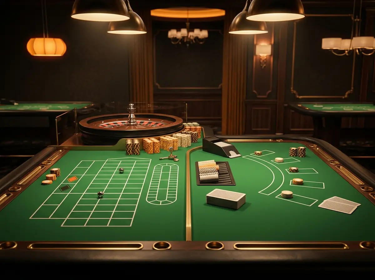 Empty live casino table with cards, chips and a roulette wheel
