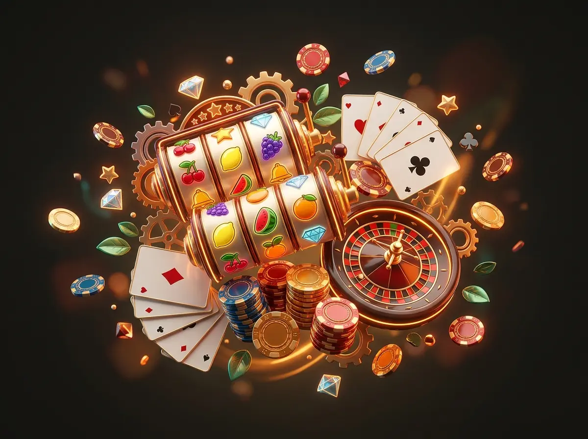 Slot reels, casino chips and cards illustrating Kirabet casino games