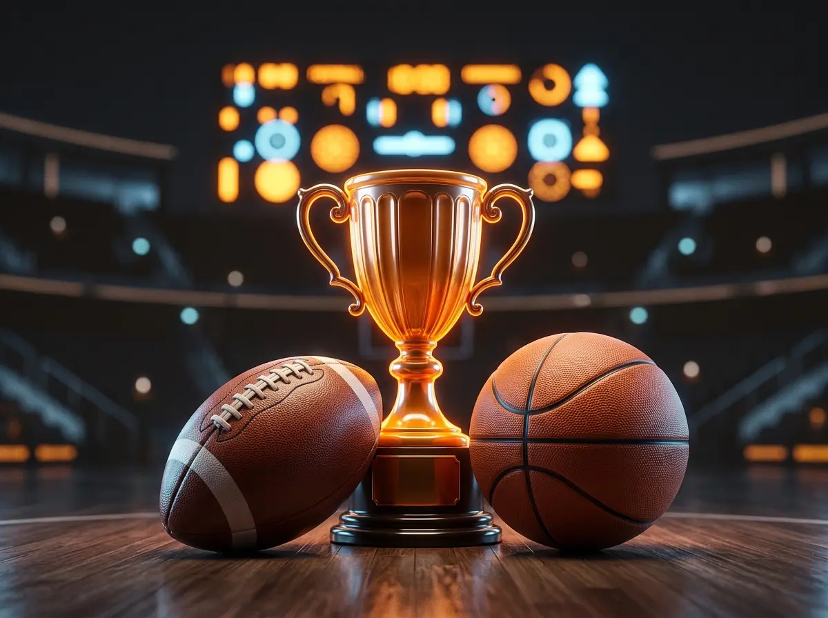 Football, basketball and trophy by a stadium scoreboard for Kirabet sports betting
