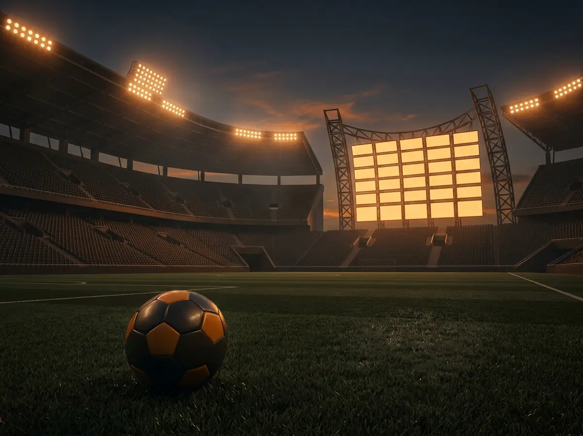 Football stadium at dusk with a ball and scoreboard for Kirabet sports betting
